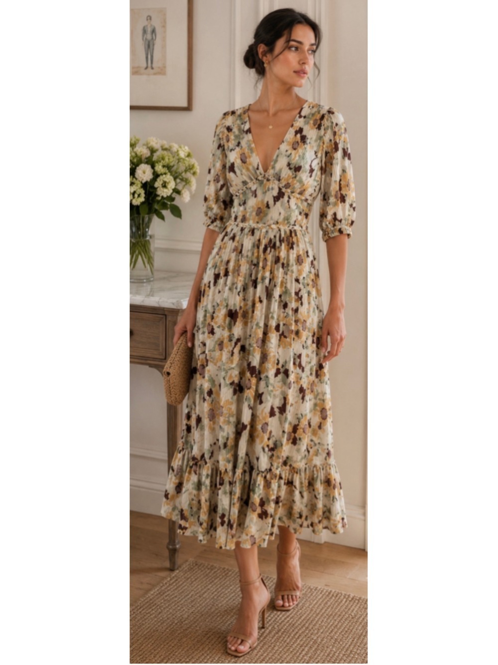 Polo Ralph Lauren Floral Pleated Midi Dress Size S Beige Brown New Boho
